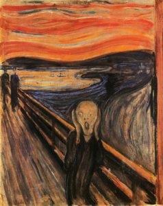 Famous oil on canvas painting by Edvard Munch depicting a person screaming on a walkway near a body of water with a orange sky in the background
