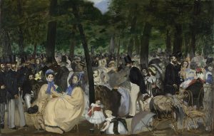 Music in the Tuileries Gardens, an oil on canvas painting by Edouard Manet depicting a fashionable crowd listening to a band play music 76.2 x 118.1 cm. National Gallery, London