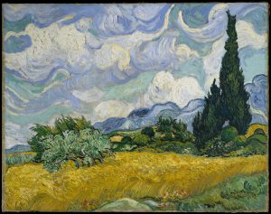 Oil on canvas painting by Vincent Van Gogh depicting a wheat field with cypresses
