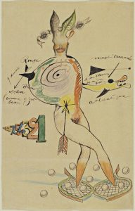 Surrealist collaborative drawing of a nude by Yves Tanguy, Joan Miro, Man Ray, and Max Morise