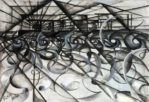 Futurist oil and ink on paper on board image of an automobile assembly line by Giacomo Balla 