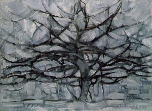 A painting of a grey tree by the artist Piet Mondrian